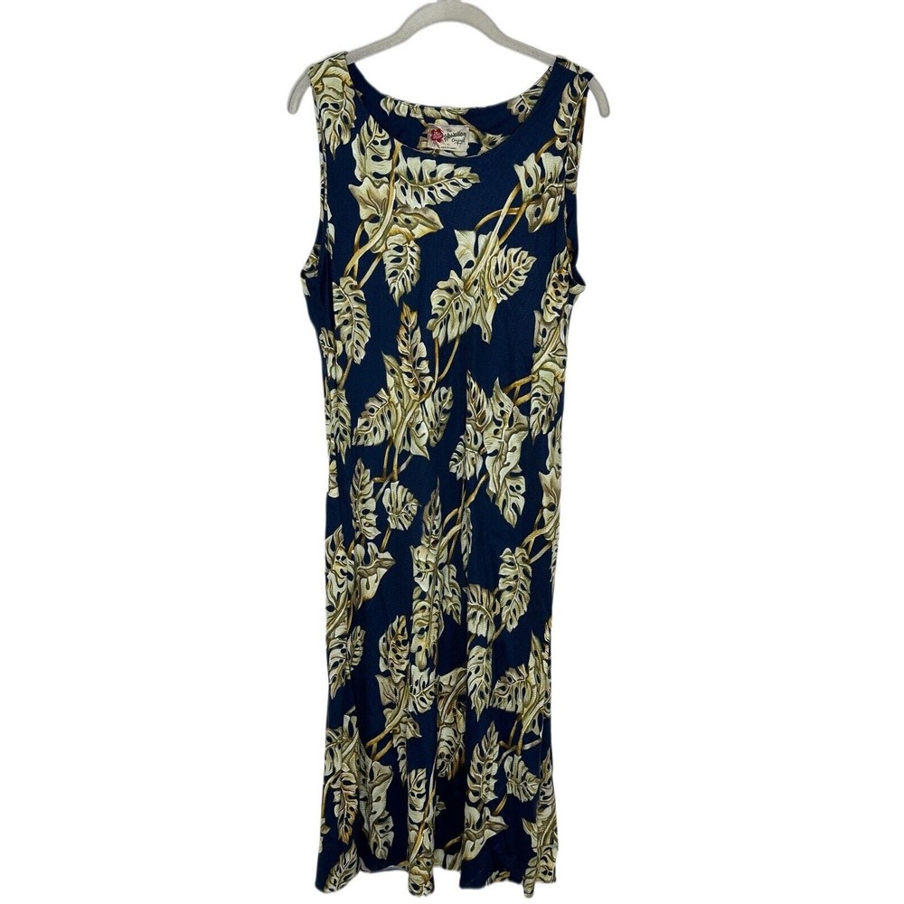 The Hawaiian Original Sleeveless Navy Blue Lead Print Sun Midi Dress Sz XL